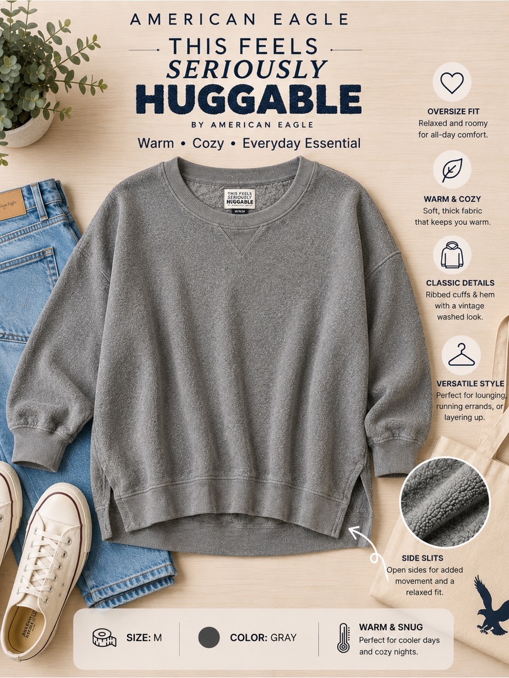 American Eagle Seriously Huggable Gray Oversized Plush Sweatshirt Women’s